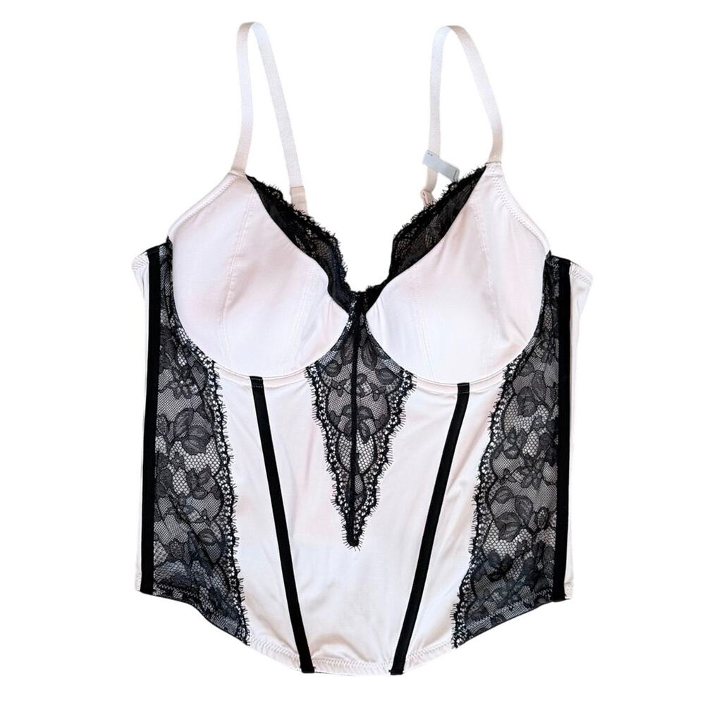 Modern movement 36D pink corset bustier black lace boning shaper NWOT underwire